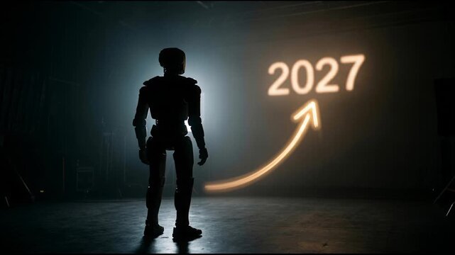 Android looking at glowing year 2027 projection with rising arrow on wall. Futuristic technology planning for New Year. Cybernetic concept of future growth goals.