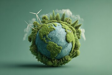 Fototapeta premium Floating earth globe covered in moss with wind turbines for green energy