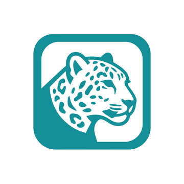 Teal leopard head inside square icon on transparent background vector graphic.