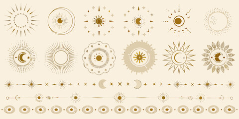 celestial gold dividers and circular frames featuring sun moon stars vector illustration pattern ornament astronomy cosmic symbol design graphic element decoration © Raj