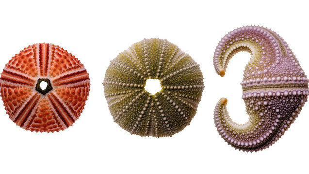 Isolated trio of colorful dried sea urchin shells showing unique textures and intricate patterns.