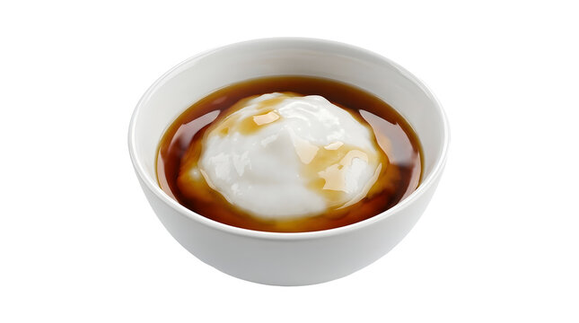 Bubur Sumsum traditional Indonesian smooth rice flour pudding smothered in a pool of rich dark palm sugar syrup served in a white ceramic bowl isolated on a solid white background