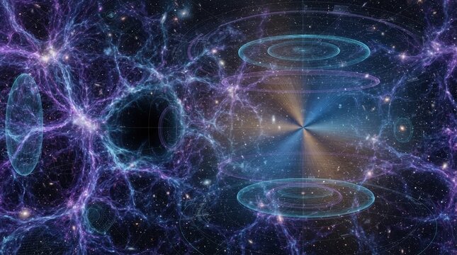 A luminous cosmic panorama of galaxy filaments, dark voids, and a faint dipole pattern radiating across a star-filled sky, rendered as a scientific visualization with translucent data rings
