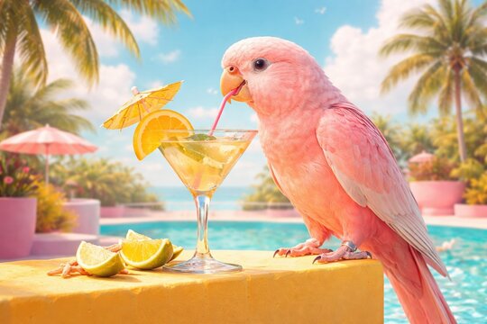 Pink cockatoo enjoying tropical cocktail by pool, drinks a tropical cocktail through a straw beside a swimming pool. Palm trees and blue sky frame the resort. 