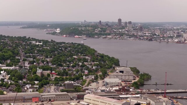 Aerial view of Quebec City and Levis straddling the St Laurence River