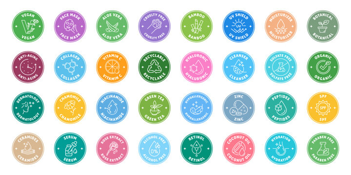 Organic Cosmetic Ingredients and Skincare Label Sticker Set. Round Beauty Badges for Product Packaging with Natural, Active Ingredient and Clean Beauty Icons