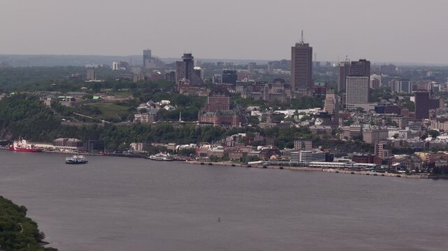 Aerial view of Quebec City and Levis straddling the St Laurence River