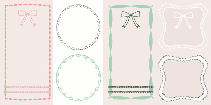 stitched and ribbon tied frames collection vector pastel colored ribbons stitches border ornament design graphic illustration decorative pattern frame bow tie