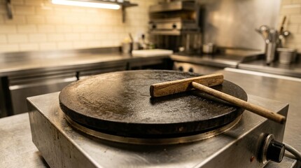 Obraz premium Commercial Crepe Maker Flat Surface Spreading Tool Empty Kitchen Warm - Commercial Kitchen Equipment Stock Photo
