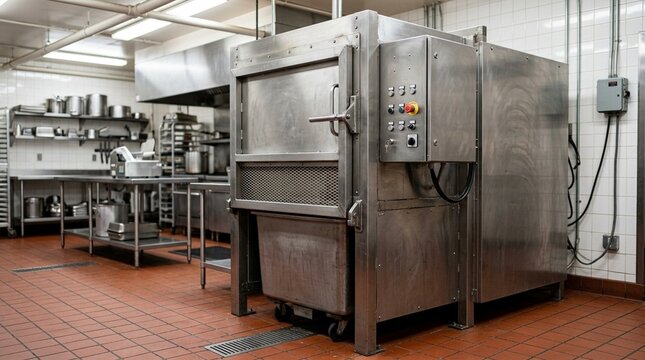 Commercial Trash Compactor Unit Stainless Steel Kitchen Equipment Bright - Commercial Kitchen Equipment Close-Up Stock Photo