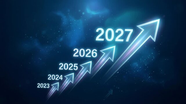 Rising arrow with year numbers reaching 2027. Progress concept showing time passing towards the new year. Digital growth chart for business development planning.