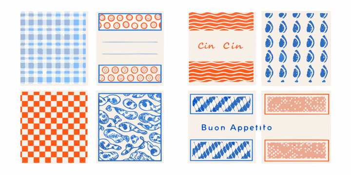 menu cards collection with playful patterns and text designs italian phrases checkered design wave pattern dot leaf shapes vector art illustration