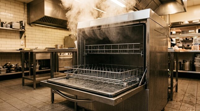 Industrial Dishwasher Door Open Steam Rising Empty Racks Bright Commercial - Commercial Kitchen Equipment Stock Photo