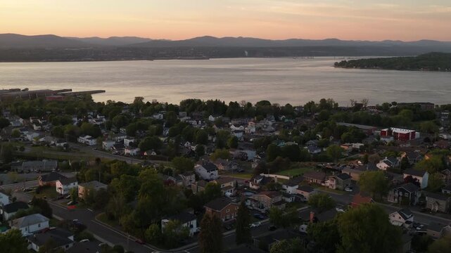 Aerial view of Quebec City and Levis straddling the St Laurence River