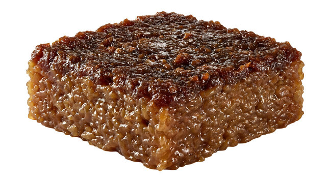 Biko traditional Filipino sweet sticky glutinous rice cake block topped with a thick dark caramelized coconut syrup layer isolated directly on a solid clean uniform white background