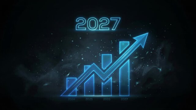 Glowing blue chart showing economic growth towards year 2027. Rising bar graph with upward trend arrow for business planning, fiscal success and New Year forecast.