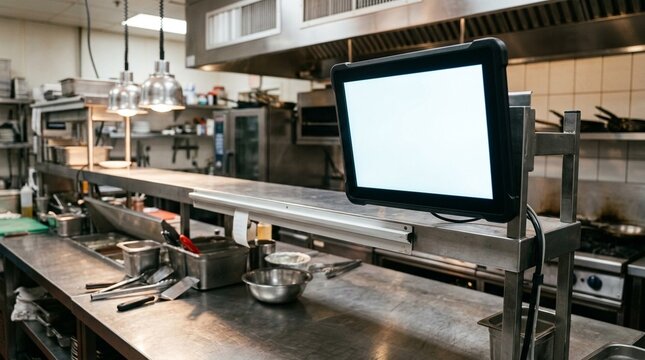 Kitchen Order Screen KDS Blank Display Bright Commercial Restaurant Equipment - Commercial Kitchen Equipment Close-Up Stock Photo