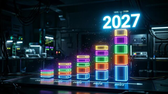Glowing neon bar chart indicating successful economic growth for New Year 2027. Digital holographic projection of rising progress strategy for future business goal.
