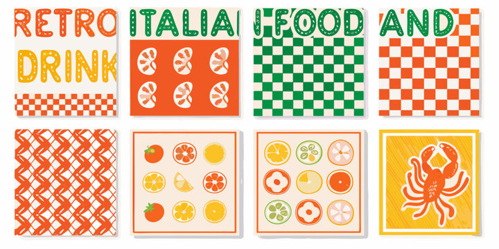 retro italian food and drink poster collection with vibrant colors orange green checkered pattern fruits vegetables crab illustration vector graphic design