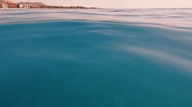 V&iacute;deo grabado desde el mar, con agua turquesa y superficie calmada ocupando la mayor parte del encuadre, mientras la costa de El Masnou aparece al fondo. La escena muestra un paisaje mediterr&aacute;neo sere
