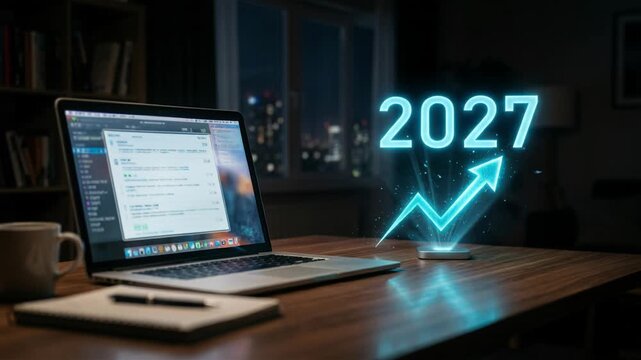Blue hologram with number 2027 and rising arrow on office desk. Business growth projection for New Year concept with laptop computer equipment in dark room now.
