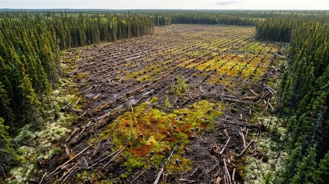 Aerial view of a boreal clear-cut block with dark stump rows, scattered slash wood, thin regenerating spruce saplings, and patches of sphagnum moss; surrounding black spruce stands and lichen-covered