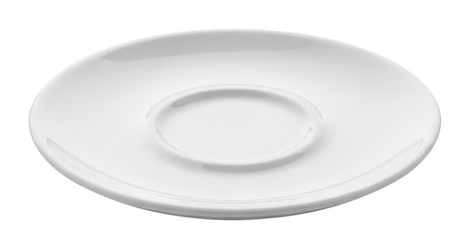 Elegant white porcelain saucer plate with a glossy finish and central indent isolated transparent background image
