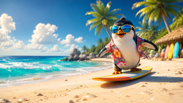 Cute funny penguin character wearing sunglasses and aloha shirt surfing on tropical beach. Cartoon animal enjoying summer vacation on surfboard with ocean waves and palm trees background.