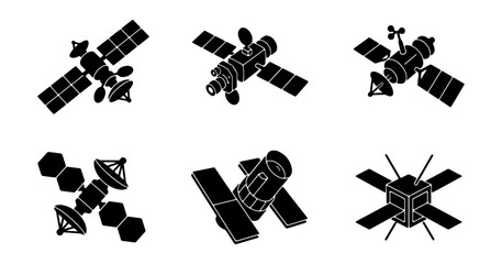 Isometric satellite vector icons set, black silhouette space satellites with solar panels, communication and weather orbit spacecraft graphics © Md