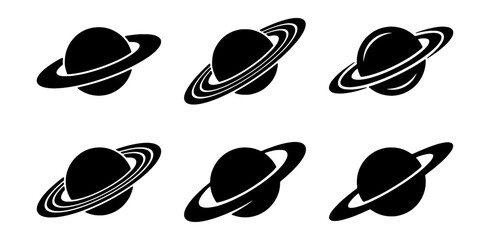 Minimalist Saturn planet icon set, black silhouette space vector elements, celestial astronomy graphic symbols for logo design © Md
