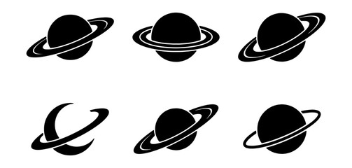 Saturn planet vector icons set, black silhouette celestial bodies with rings, astronomy and space science graphic elements © Md
