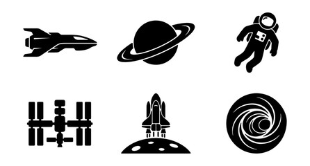 Outer space vector icons set, black silhouette astronomy symbols with spaceship, astronaut, planet Saturn, space station and black hole © Md
