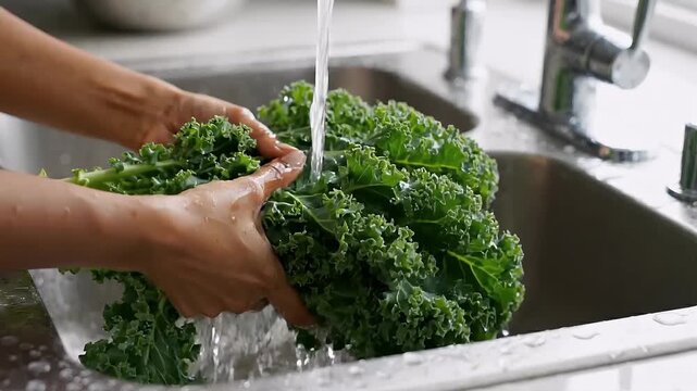 Washing kale in kitchen sink, fresh greens under running water