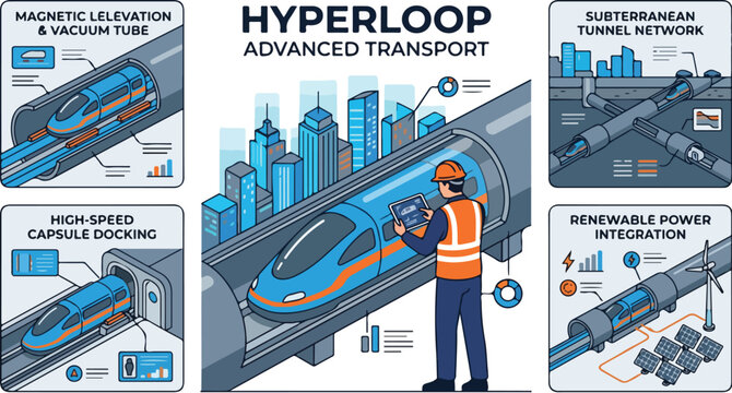 Advanced Futuristic Hyperloop Transportation System Concept Infographic Showing High Speed Maglev Train Technology and Sustainable Urban Infrastructure Design