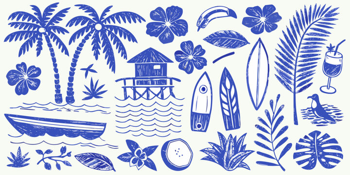 tropical scene detailed illustration with palm trees surfboards flowers and beach elements sketch style color blue white background summer vacation travel