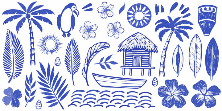 tropical scene detailed illustration blue and white palm tree flower bird hut boat surfboard sun leaf sketch style pattern vacation travel