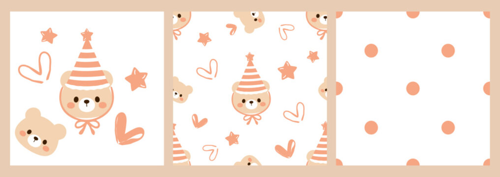 Cute teddy bear party seamless pattern collection with birthday bear, hearts, stars and polka dots in pastel colors, adorable nursery illustration for baby fabric and children's products.