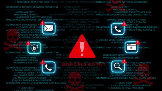 Cyber security alert warning system featuring digital data breach notification and malicious software threat detection interface with glowing red warning symbols on a dark encrypted background
