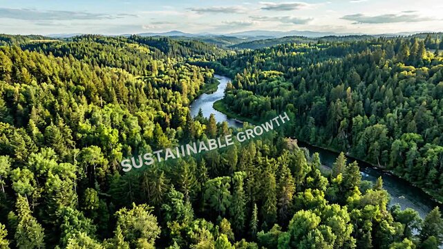 Aerial view of a forest showing sustainable growth data for 2027. Digital visualization of environmental progress, biodiversity index, and woods area expansion.