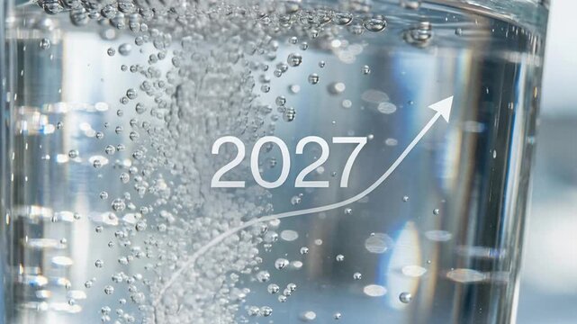 Glass with rising bubbles and 2027 text with trend arrow. New Year economic growth concept. Financial forecast for next year. Holiday business success vision.