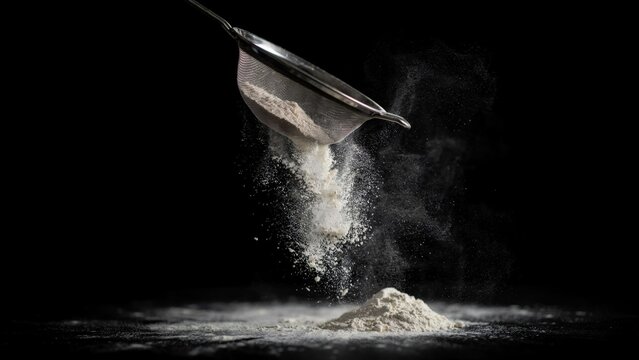 Flour being sifted through a metal sieve on a black background