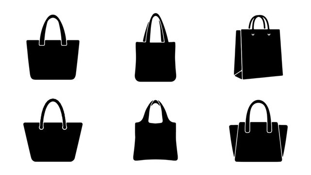 Black handbag silhouette icons set, 6 fashion tote bag vector illustrations, minimalist shopping bag and purse collection for retail and e-commerce