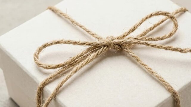 Close up of a white gift box with twine tied in a bow. Simple rustic packing for present or holiday.