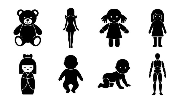 Children toy doll silhouette icons, set of 8 vector elements featuring teddy bear and baby figures, black flat icons for nursery and playroom design