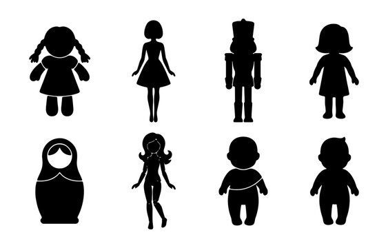 Vintage toy doll silhouettes set, black vector icons of nutcracker and matryoshka, 8 classic children plaything symbols for nursery decor