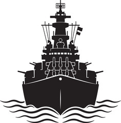 Front view of warship floating on ocean waves black silhouette vector icon for naval military maritime transport and historical defense ship concepts. © Sabbir