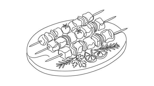 Continuous line drawing of shish kebabs on a wooden plate