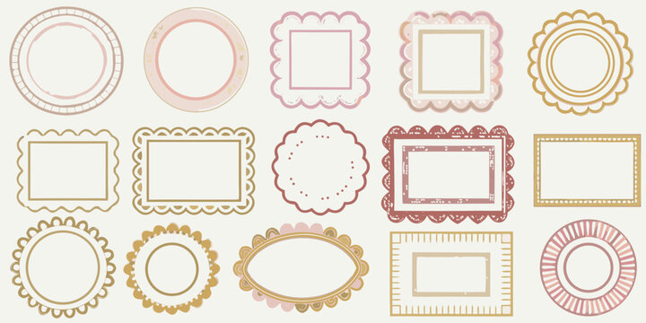 vintage ornate frames in pastel colors line art style ovals rectangles scalloped borders decorative pattern illustration vector graphic design elegant feminine