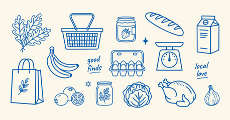 Groceries And Produce Line Art Illustration With Handwritten Text © mdsaikat