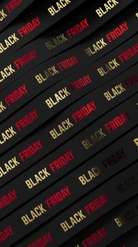 Waving black ribbons with Black Friday text for retail sale promotion and shopping advertisement, 3D render seamless Vertical video.